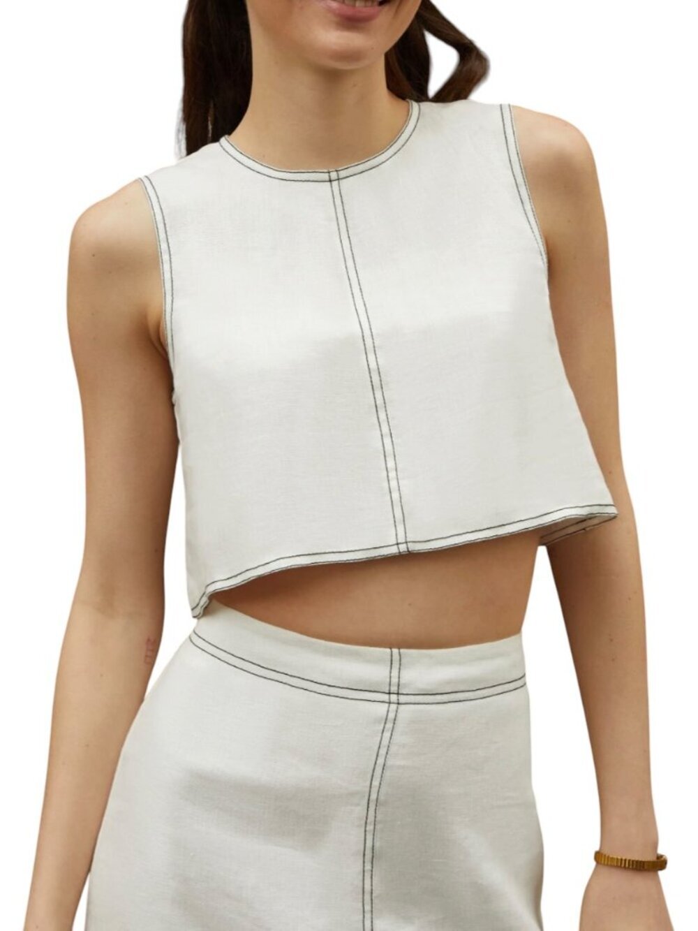 Caara Zenni 100% Linen Contrast Stitch Crop Top White NWT Medium